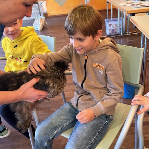Kinder dürfen das Huhn streicheln