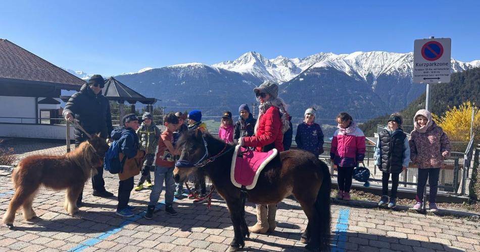 Kinder stehen im Halbkreis um zwei Ponys