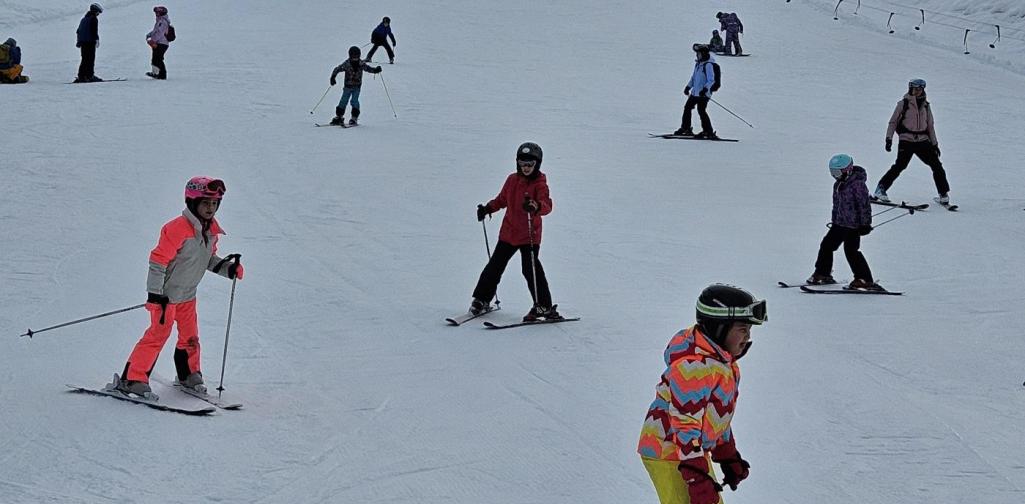 Skifahrgruppe Mittel Gruppe von Skifahrern fährt den Berg hinunter